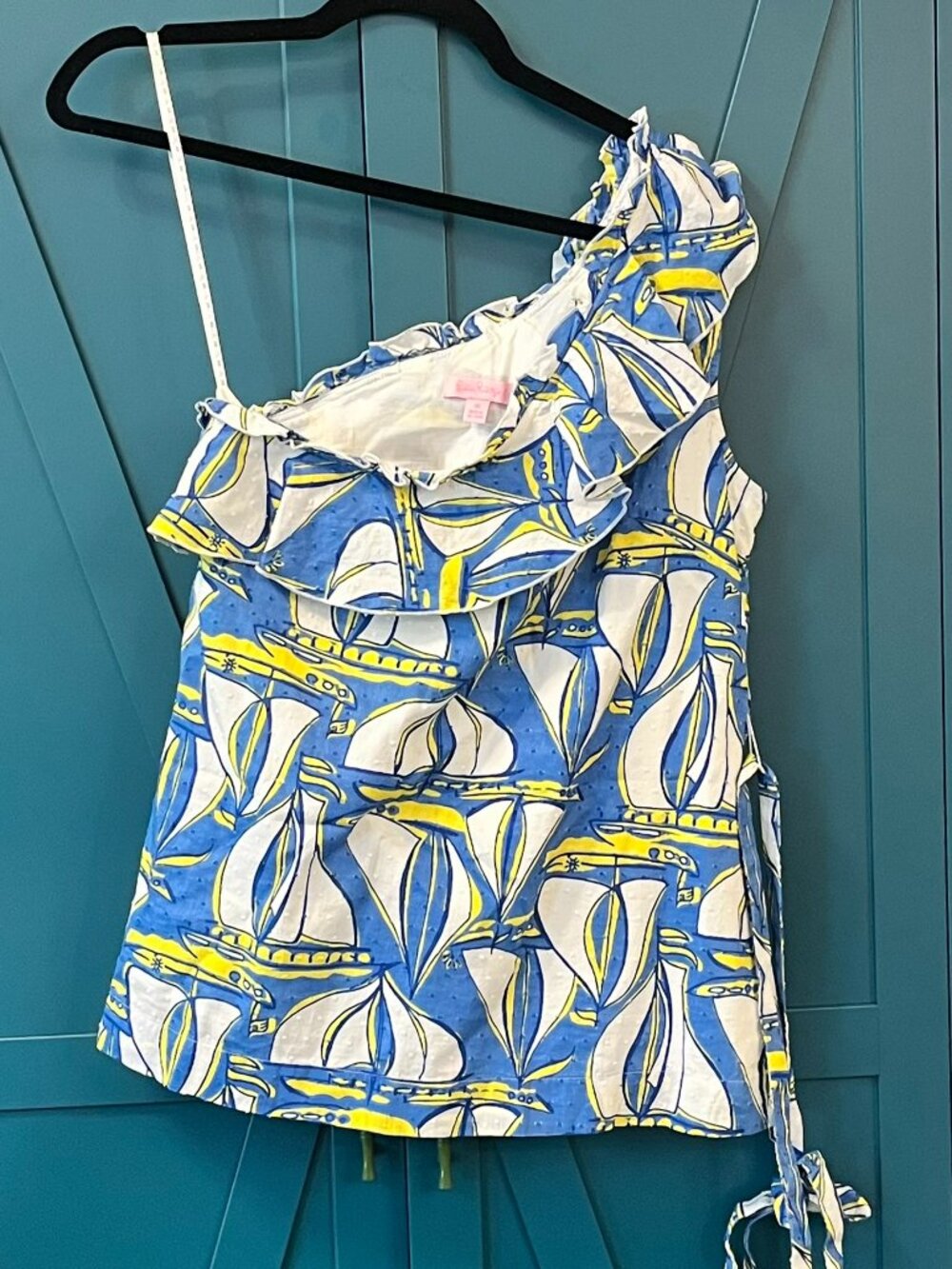 Lilly Pulitzer Janine One Shoulder Top Worth Blue Docksider Sailboat Print M
